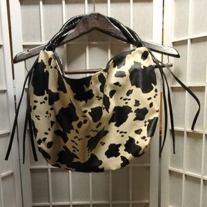 Black and Cream Hobo Shoulder Bag with Cow Print